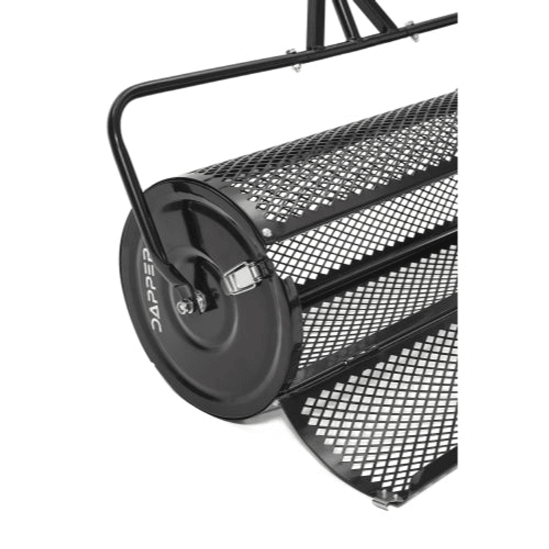 Dapper Supply 24-inch compost spreader angled view of the steel mesh roller drum.