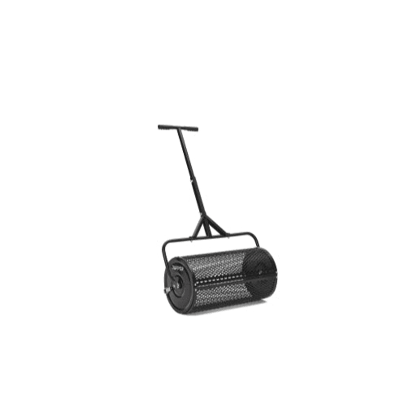 Dapper Supply 24-inch compost spreader full view with adjustable handle and mesh roller drum.