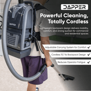 Dapper Supply cordless backpack vacuum infographic on cordless lightweight design.