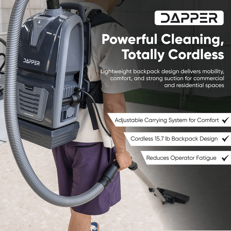 Dapper Supply cordless backpack vacuum infographic on cordless lightweight design.