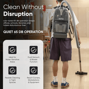 Dapper Supply cordless backpack vacuum infographic on quiet 65 dB operation.