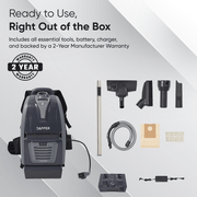 Dapper Supply cordless backpack vacuum infographic on included accessories and 2-year warranty.