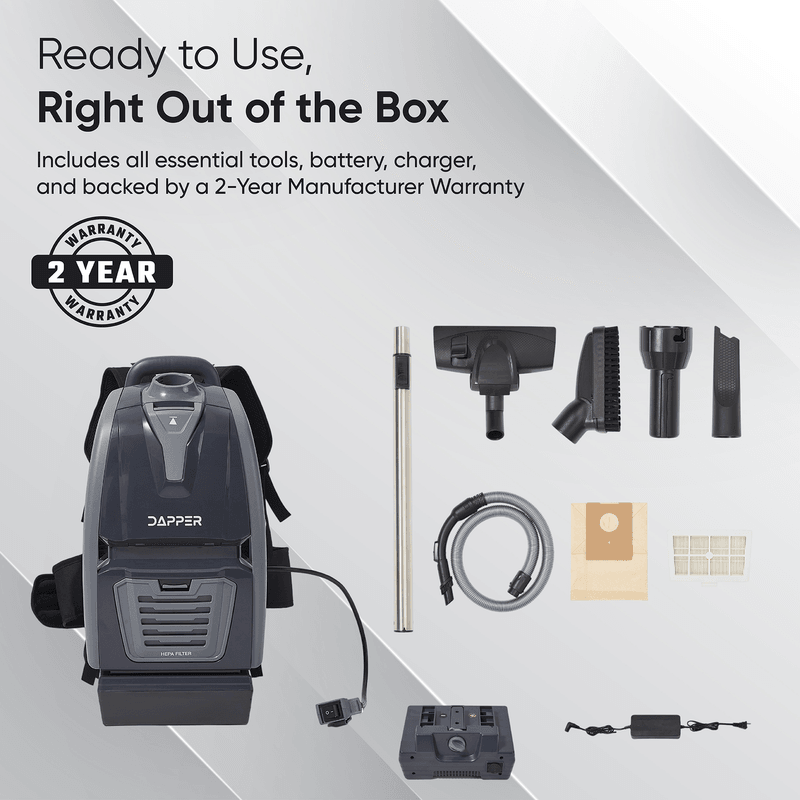 Dapper Supply cordless backpack vacuum infographic on included accessories and 2-year warranty.