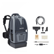 Dapper Supply cordless backpack vacuum with full accessory kit laid out.