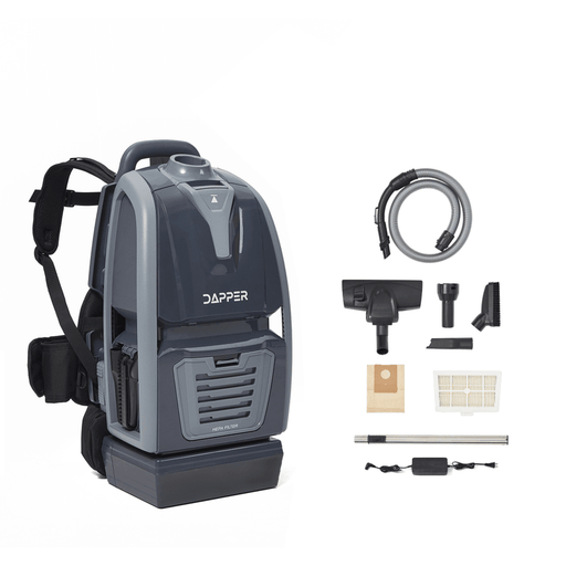 Dapper Supply cordless backpack vacuum with full accessory kit laid out.