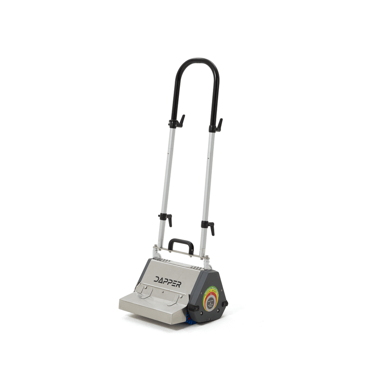 Dapper Supply 14-inch counter-rotating brush floor machine angled view with handle up.