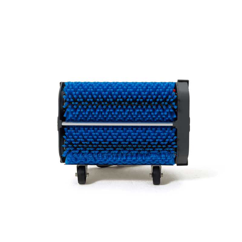 Dapper Supply 14-inch counter-rotating brush floor machine underside view of dual brushes and wheels.
