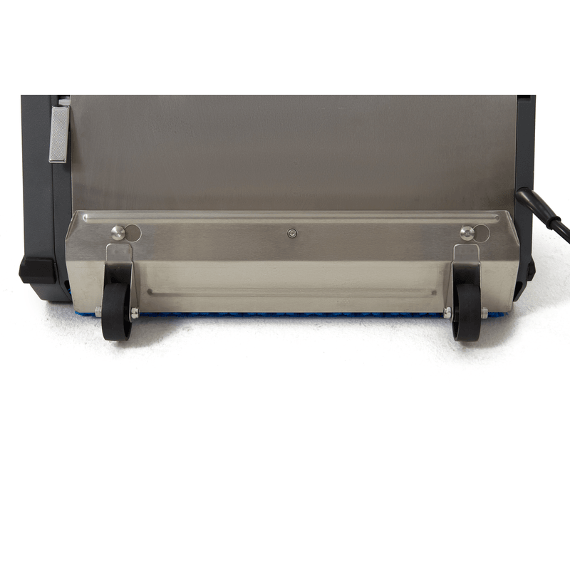 Dapper Supply CRB floor machine underside showing the brush roller and transport casters.