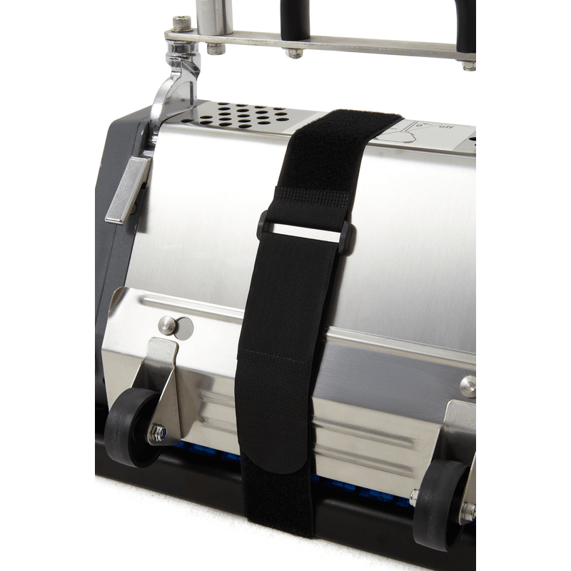 Dapper Supply 14-inch counter-rotating brush floor machine with transport carry strap fitted.
