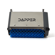 Dapper Supply 14-inch counter-rotating brush floor machine close-up of dual blue brushes.