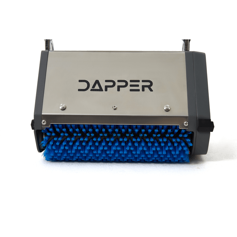 Dapper Supply 14-inch counter-rotating brush floor machine close-up of dual blue brushes.