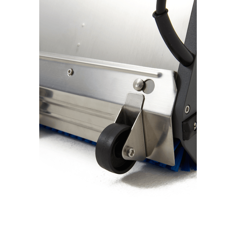Dapper Supply 14-inch counter-rotating brush floor machine close-up of edge guide wheel.