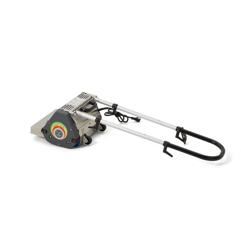 Dapper Supply 14-inch counter-rotating brush floor machine with handle folded down.