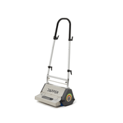 Dapper Supply 18-inch counter-rotating brush floor machine front angle with upright handle.