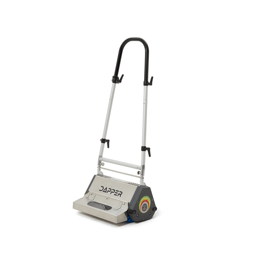 Dapper Supply 18-inch counter-rotating brush floor machine front angle with upright handle.