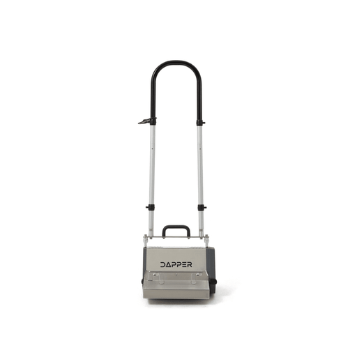 Dapper Supply 14-inch counter-rotating brush floor machine front view with handle extended.