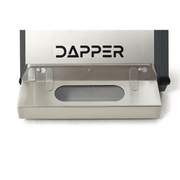 Dapper Supply CRB floor machine stainless front plate with the Dapper logo and sight window.
