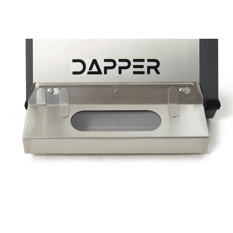 Dapper Supply CRB floor machine stainless front plate with the Dapper logo and sight window.