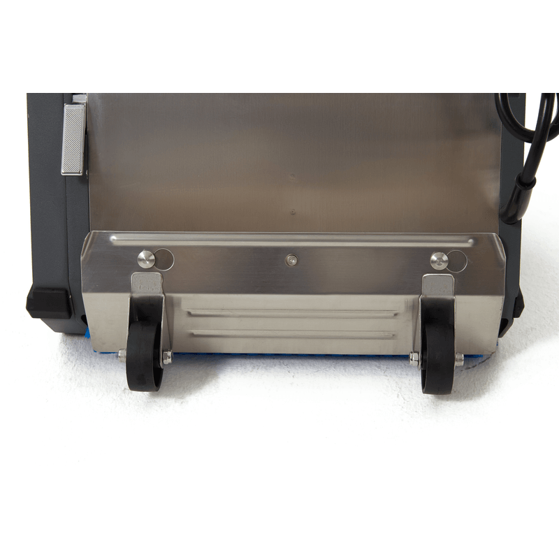 Dapper Supply 14-inch counter-rotating brush floor machine rear view of transport wheels.