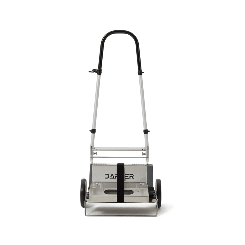 Dapper Supply 18-inch CRB floor machine rear view showing transport wheels and brush head.