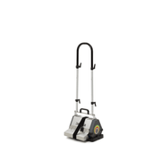 Dapper Supply 14-inch counter-rotating brush floor machine side angle with brush guard tray.
