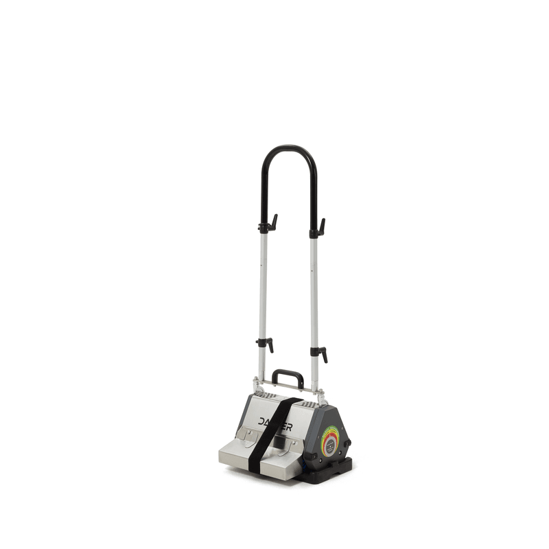 Dapper Supply 14-inch counter-rotating brush floor machine side angle with brush guard tray.