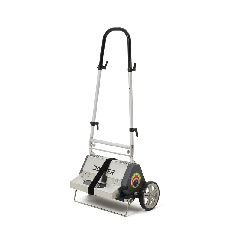 Dapper Supply 18-inch CRB floor machine side angle with brush tester gauge and rear wheel.