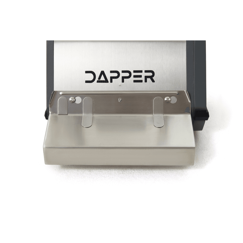Dapper Supply 14-inch counter-rotating brush floor machine close-up of the stainless splash guard.