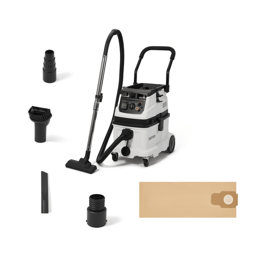 Dapper Supply dust extractor shown with its accessory kit including brushes, crevice tool, adapter, and dust bag.