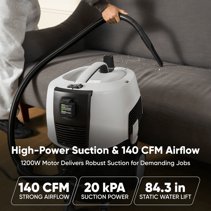Dapper Supply dust extractor infographic showing 140 CFM airflow and 20 kPa suction.