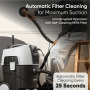 Dapper Supply dust extractor infographic showing automatic filter cleaning every 25 seconds.