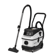 Dapper Supply 8-gallon wet/dry dust extractor shown front angle with hose, wand, and floor tool.