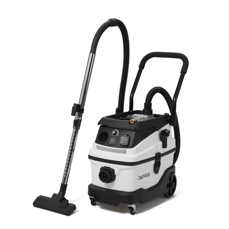 Dapper Supply 8-gallon wet/dry dust extractor shown front angle with hose, wand, and floor tool.