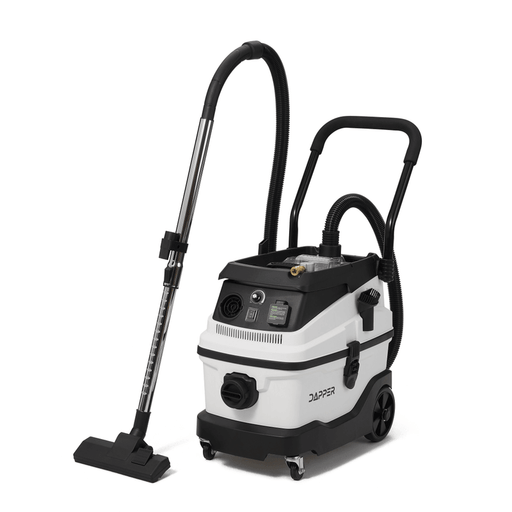 Dapper Supply 8-gallon wet/dry dust extractor shown front angle with hose, wand, and floor tool.