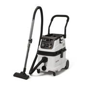 Dapper Supply 10-gallon wet dry dust extractor front angle view with hose and floor wand.