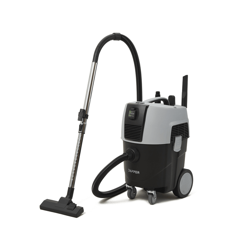 Dapper Supply 8-gallon wet/dry dust extractor front angle with hose and wand.