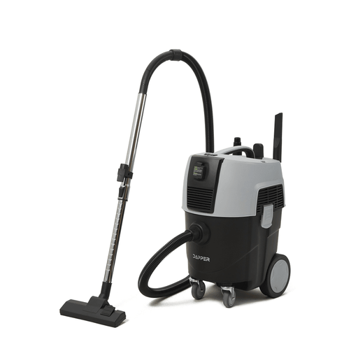 Dapper Supply 8-gallon wet/dry dust extractor front angle with hose and wand.
