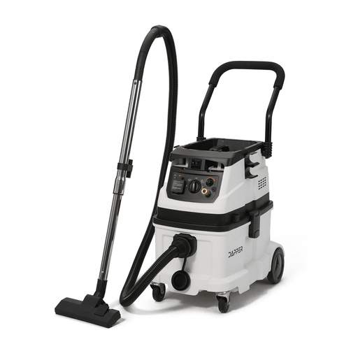 Dapper Supply 10-gallon wet dry dust extractor front angle view with hose and floor wand.