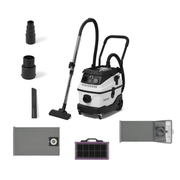 Dapper Supply dust extractor shown with its full accessory kit including adapters, tools, HEPA filter, and dust bags.