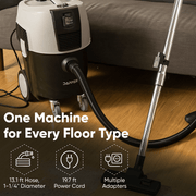 Dapper Supply dust extractor infographic showing hose, power cord, and adapters.