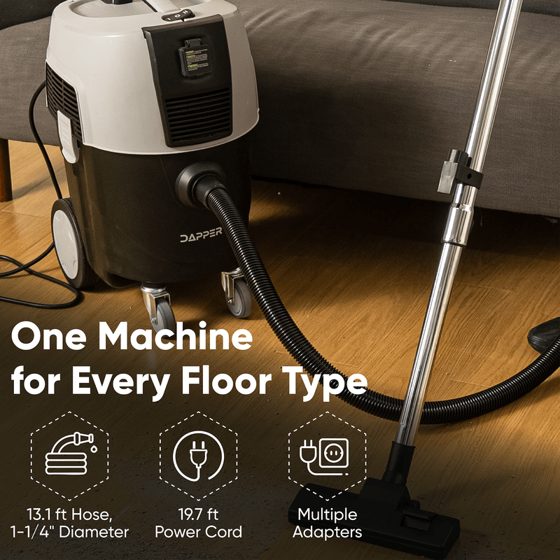 Dapper Supply dust extractor infographic showing hose, power cord, and adapters.