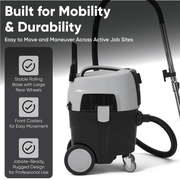 Dapper Supply dust extractor infographic showing rolling base mobility and durability.