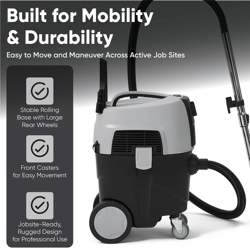 Dapper Supply dust extractor infographic showing rolling base mobility and durability.