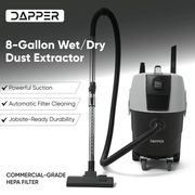 Dapper Supply dust extractor infographic showing powerful suction and HEPA filter.