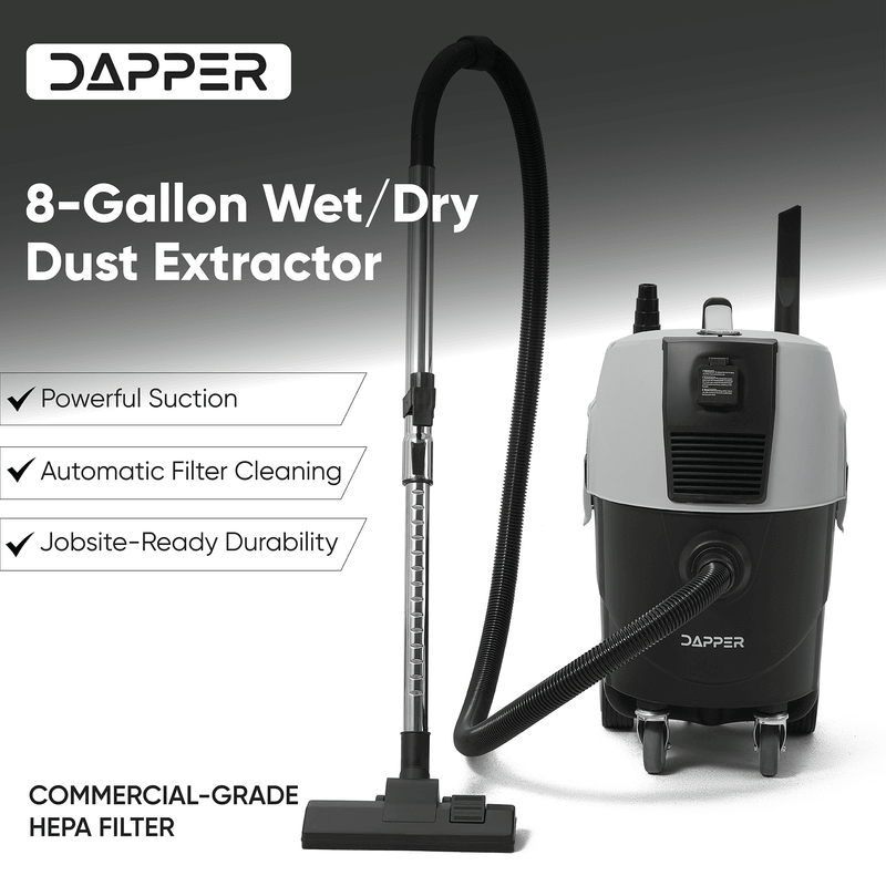 Dapper Supply dust extractor infographic showing powerful suction and HEPA filter.