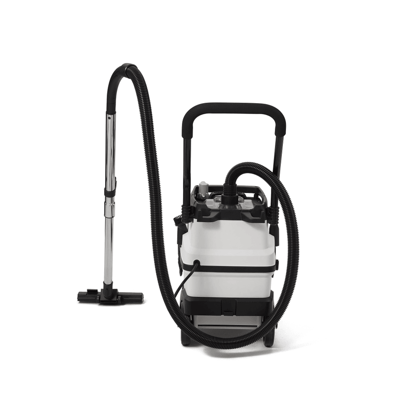 Dapper Supply 8-gallon dust extractor side view with hose and extension wand.
