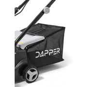 Dapper Supply 13-inch electric dethatcher and scarifier mounted grass collection bag.
