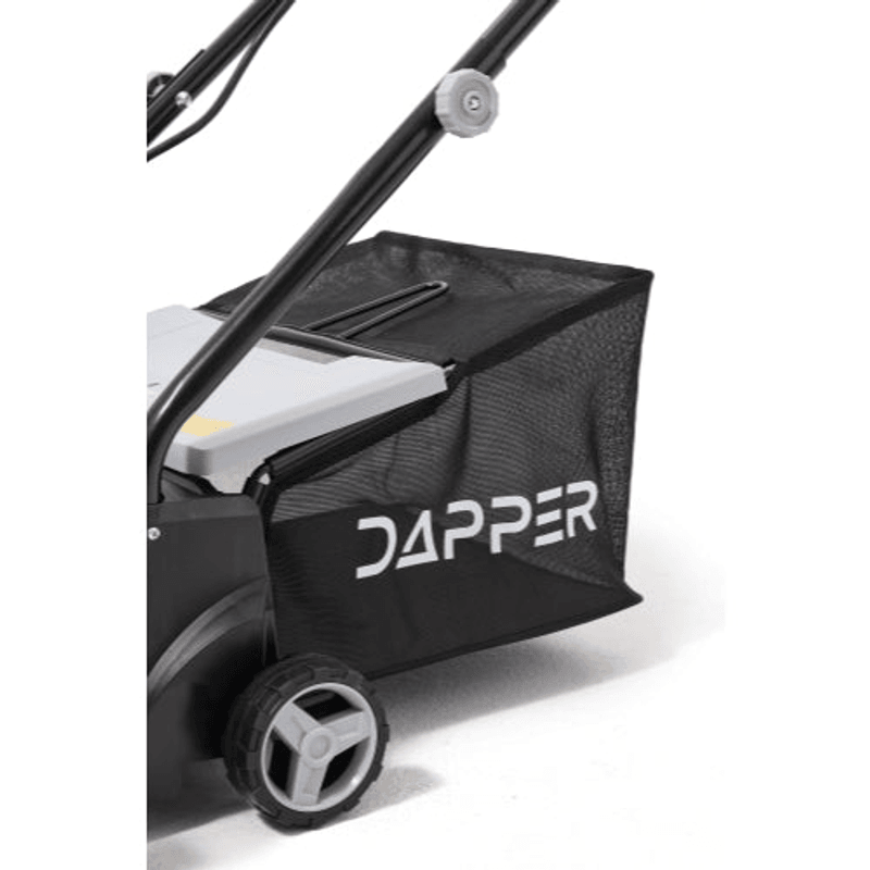 Dapper Supply 13-inch electric dethatcher and scarifier mounted grass collection bag.