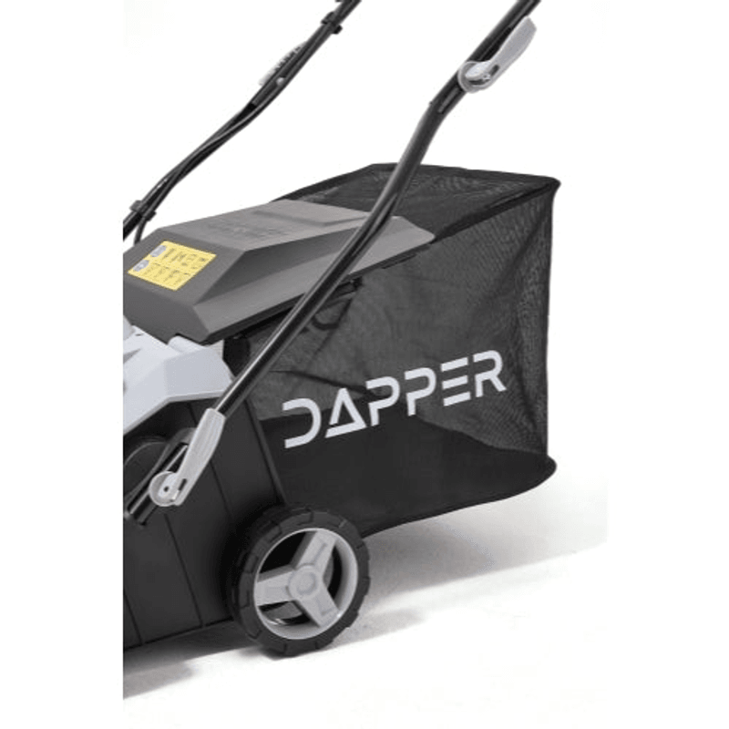 Dapper Supply electric dethatcher 14.5-gallon collection bag closeup.