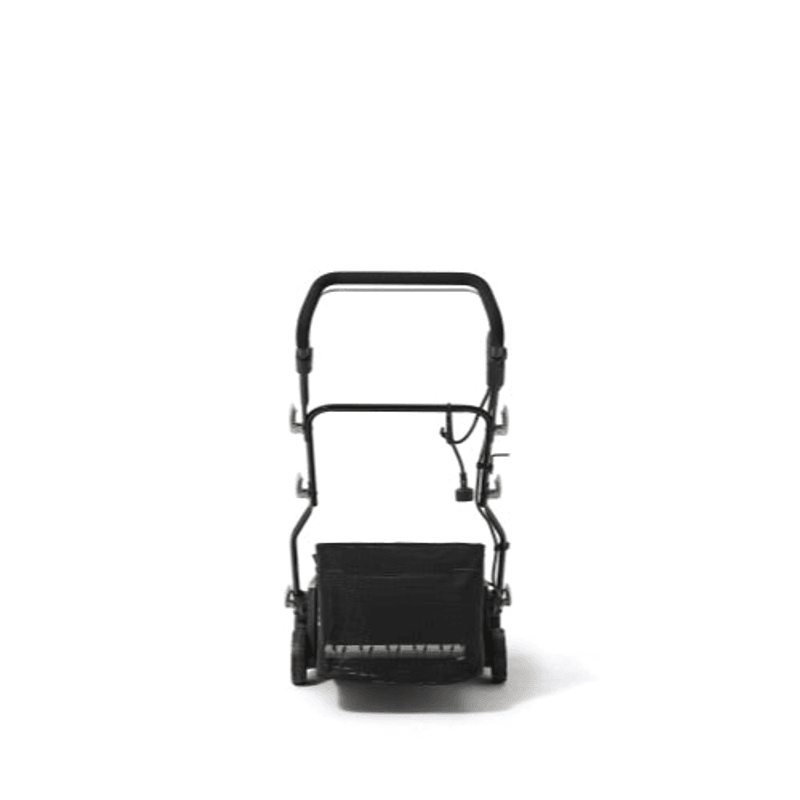 Dapper Supply 16-inch electric dethatcher and scarifier with handle folded.